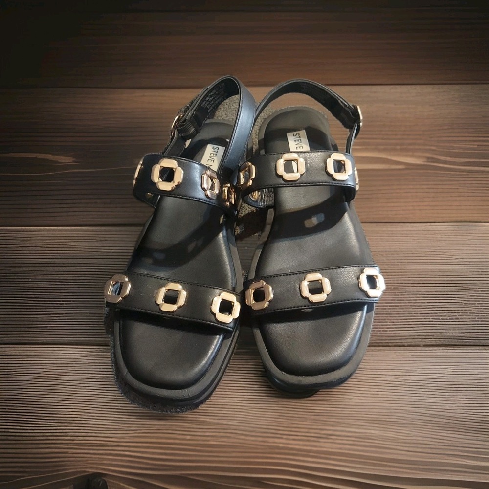 Steve‎ Madden Womens Jem Black Leather Embellished Flat Sandals Size 6.5M